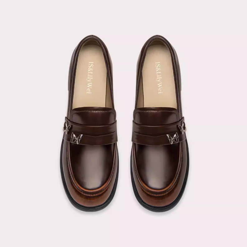 Butterfly Detail Round Toe Brown Loafers