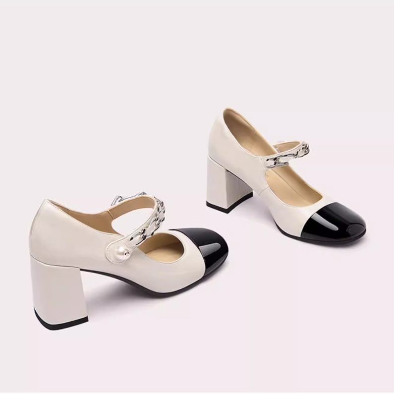 Two-tone Mary Jane Block Heel Pumps