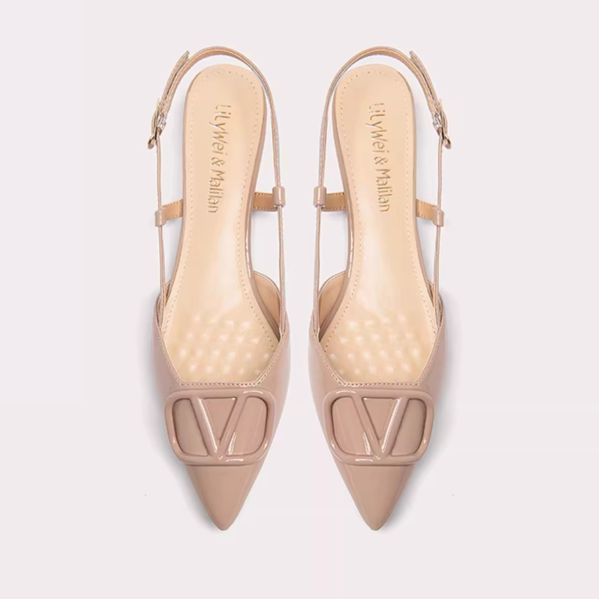 Nude V-Buckle Slingback Pointed Flats