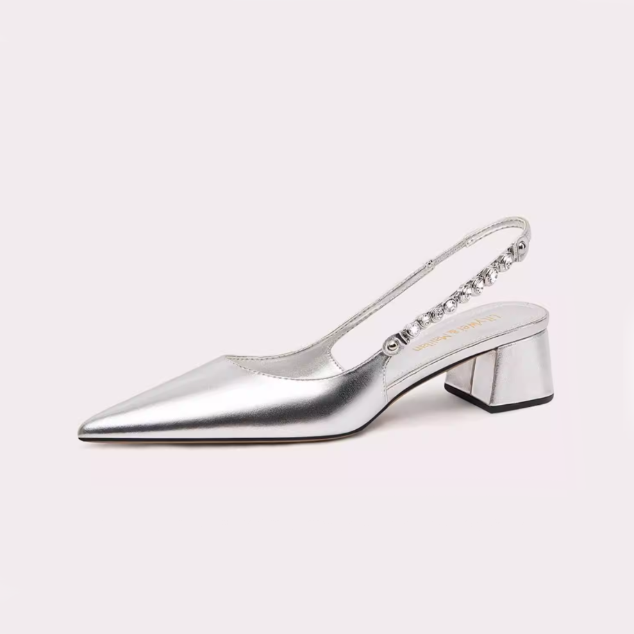 Silver Crystal Strap Slingback Pumps