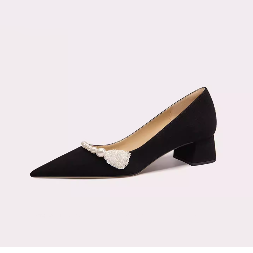 Pearl Trim Pointed Toe Block Heel Pumps