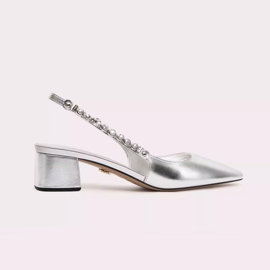 Silver Crystal Strap Slingback Pumps