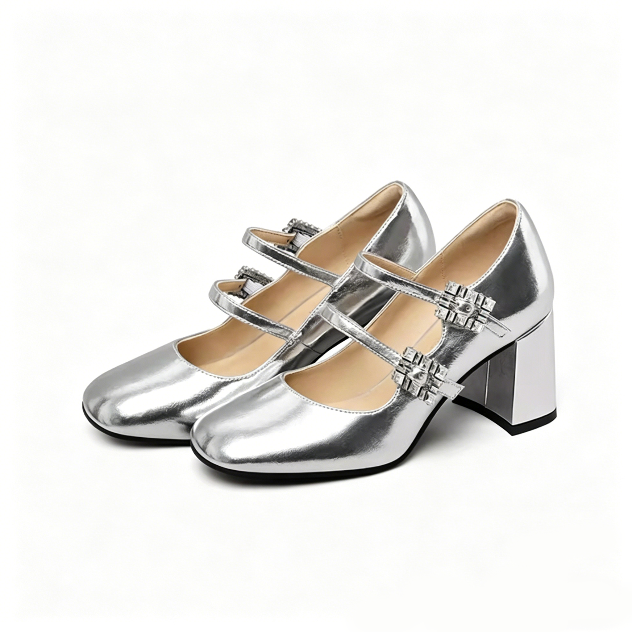 Silver Metallic Double Strap Mary Janes
