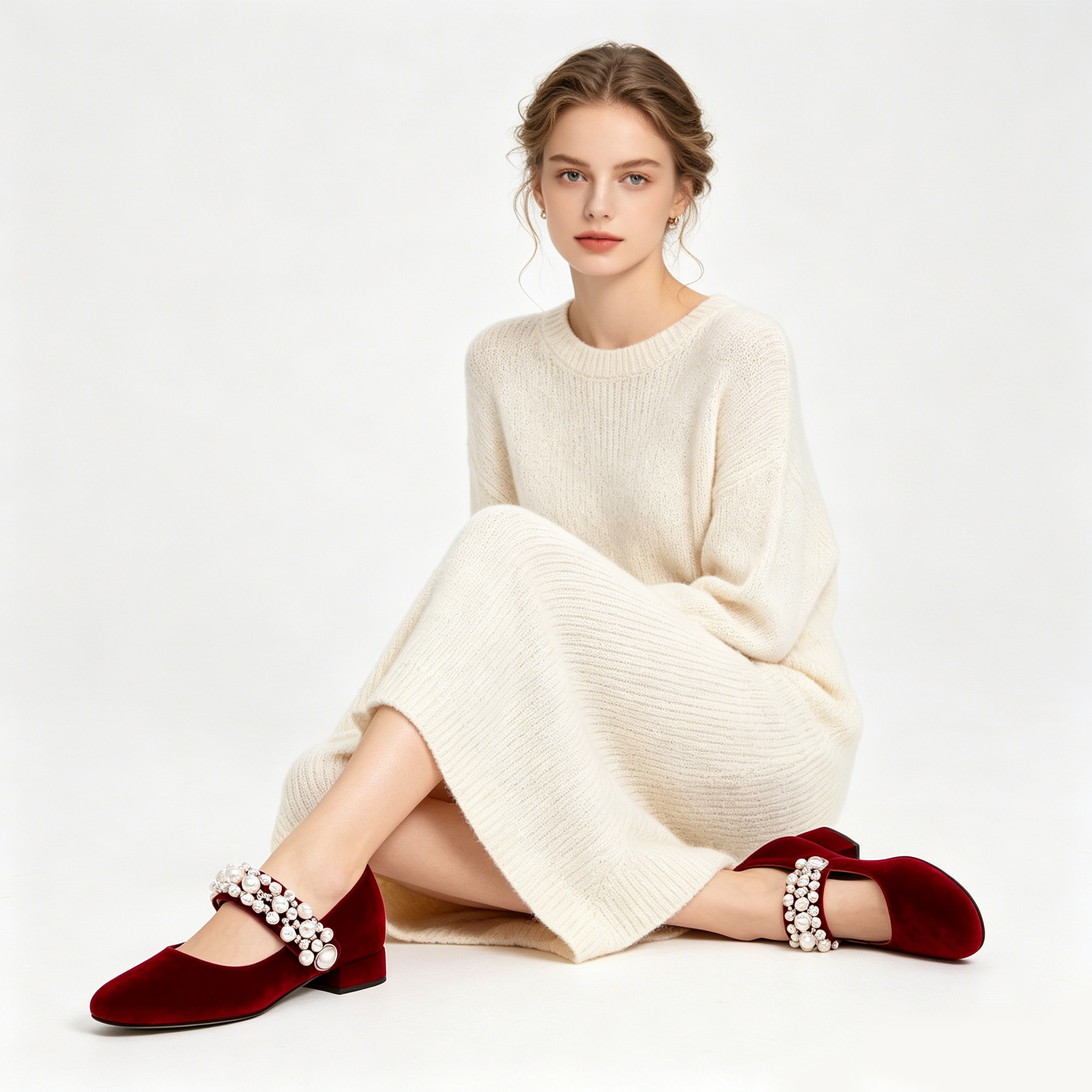 Velvet Pearl Strap Mary Jane Flats