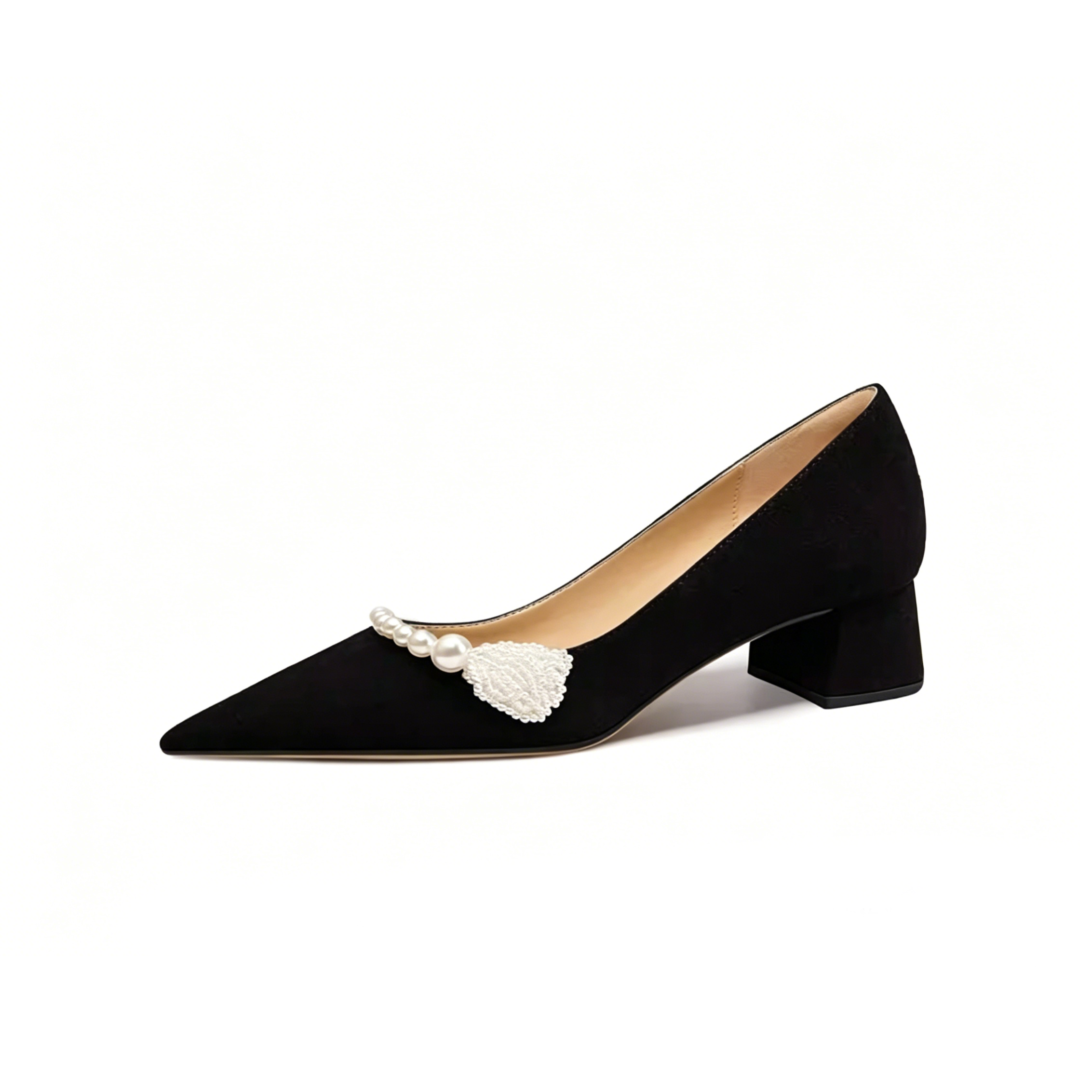Pearl Trim Pointed Toe Block Heel Pumps