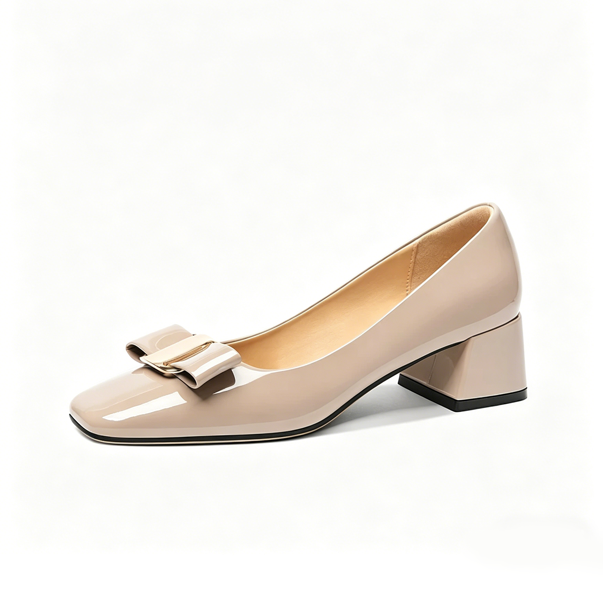 Khaki Bow Detail Square Toe Block Heels