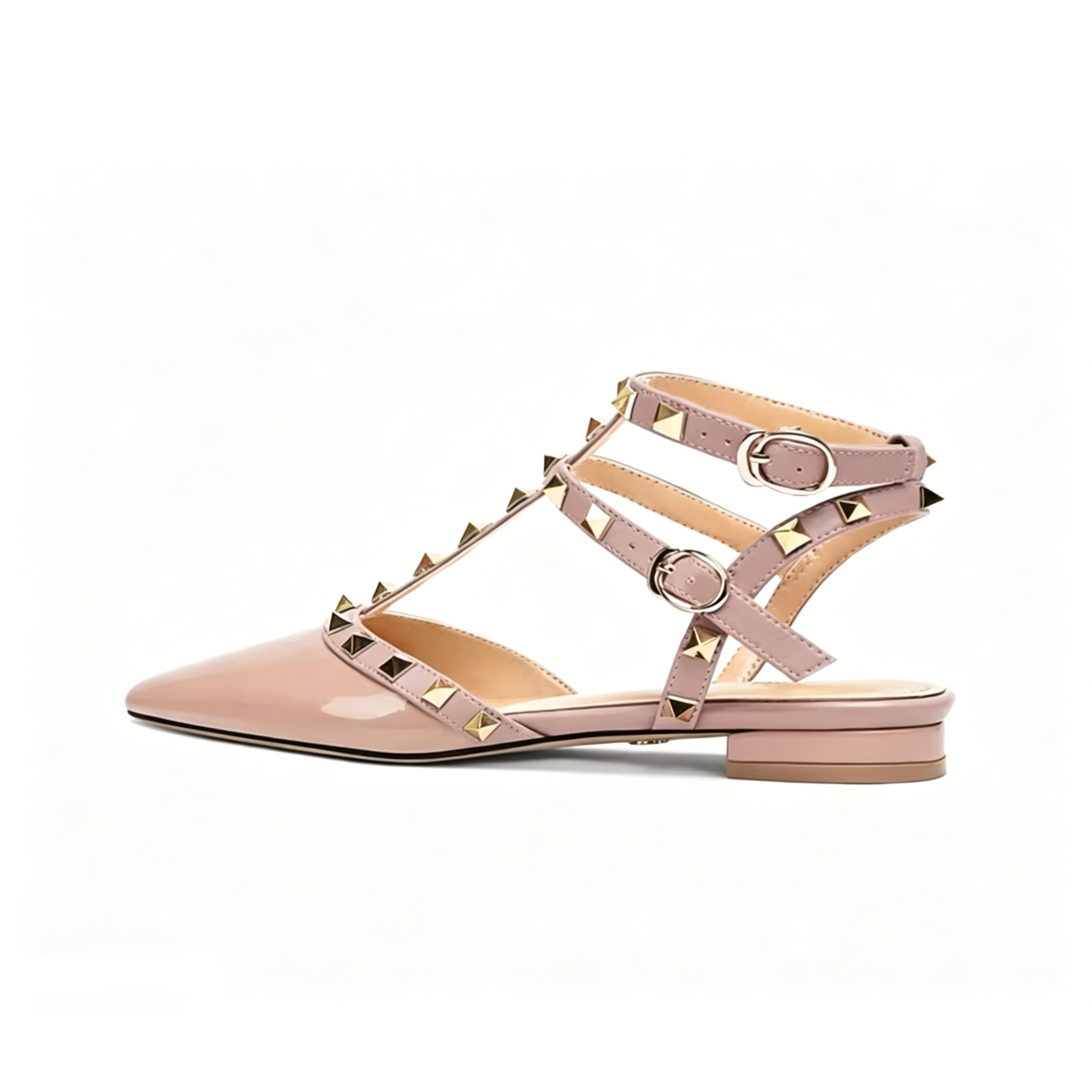 Studded T-Strap Pointed Toe Flats