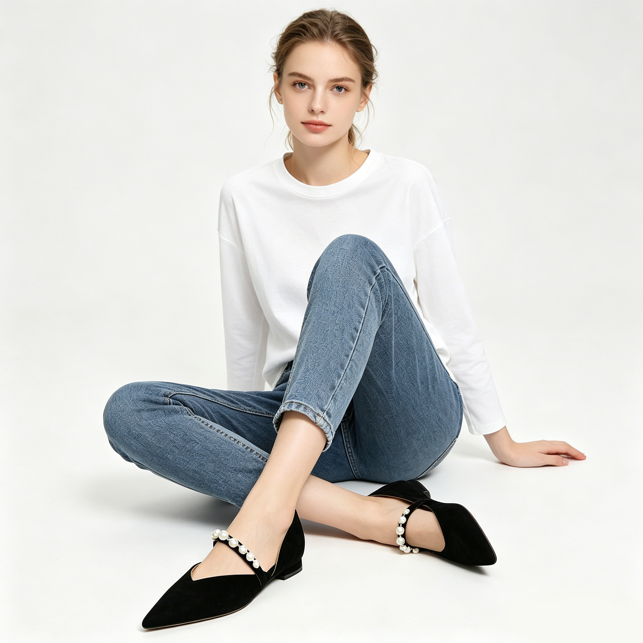 Pearl Strap Pointed Toe D'Orsay Flats