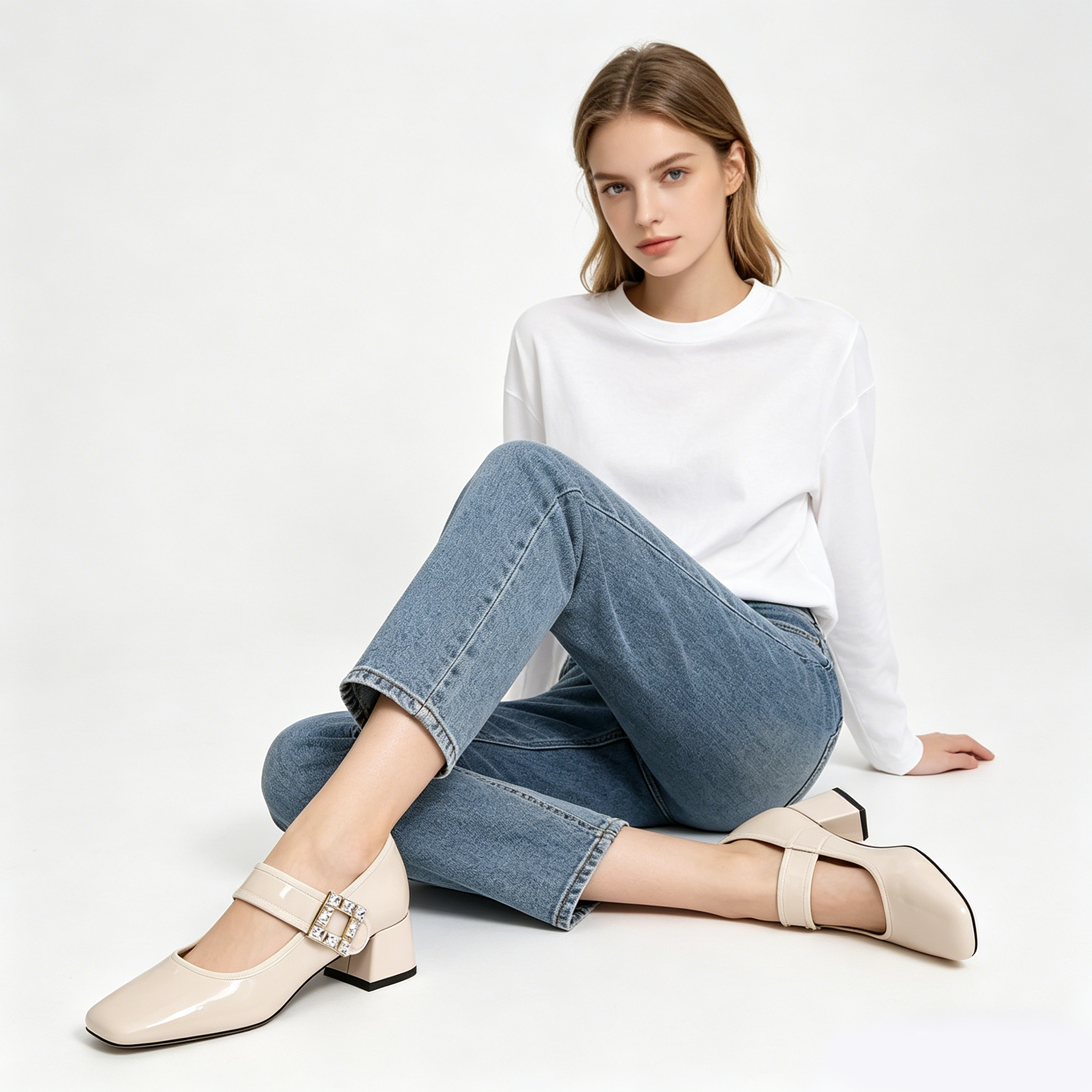 Crystal Buckle Ivory Mary Jane Pumps
