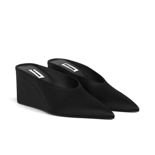 Satin Black Cube Wedge Mules Gilded Cadence