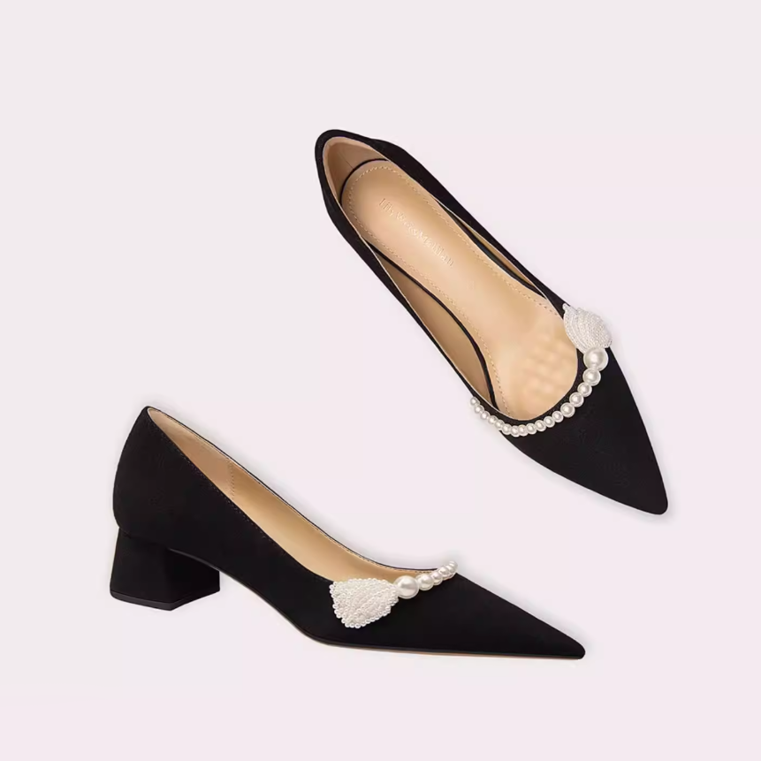 Pearl Trim Pointed Toe Block Heel Pumps