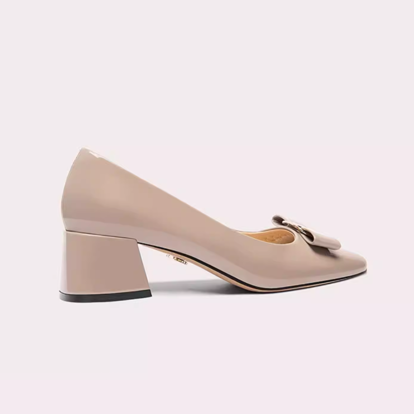 Khaki Bow Detail Square Toe Block Heels