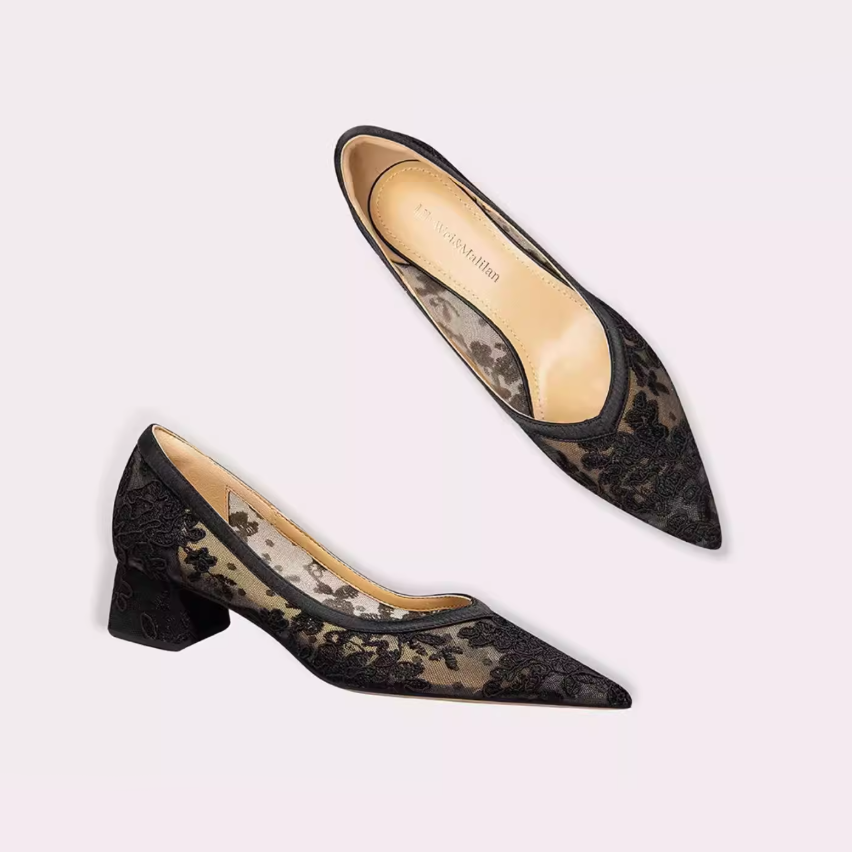 Floral Embroidered Lace Mesh Block Heels