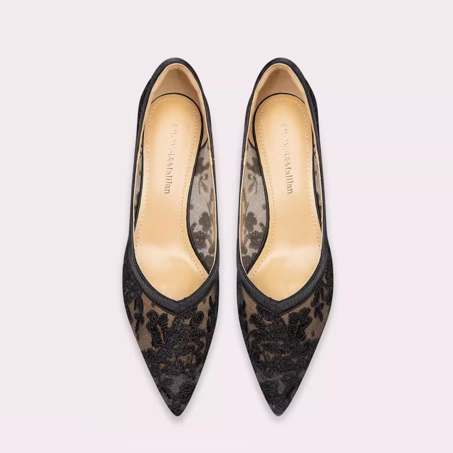 Floral Embroidered Lace Mesh Block Heels