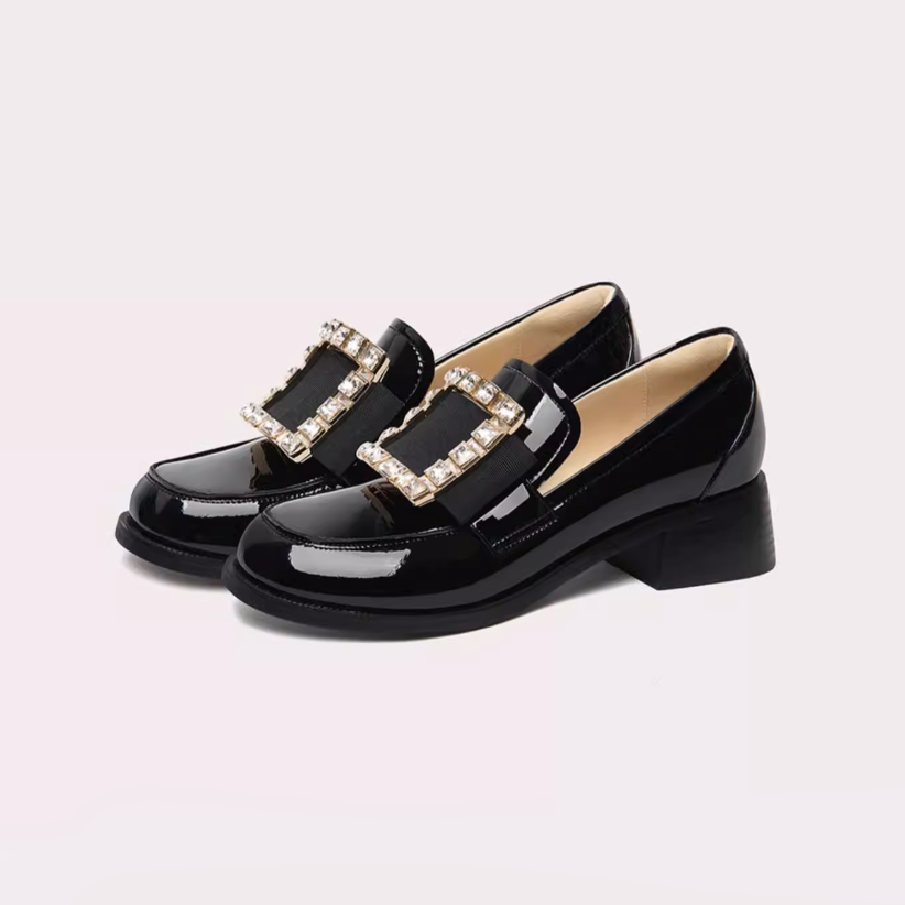Crystal Buckle Glossy Loafer Block Heels