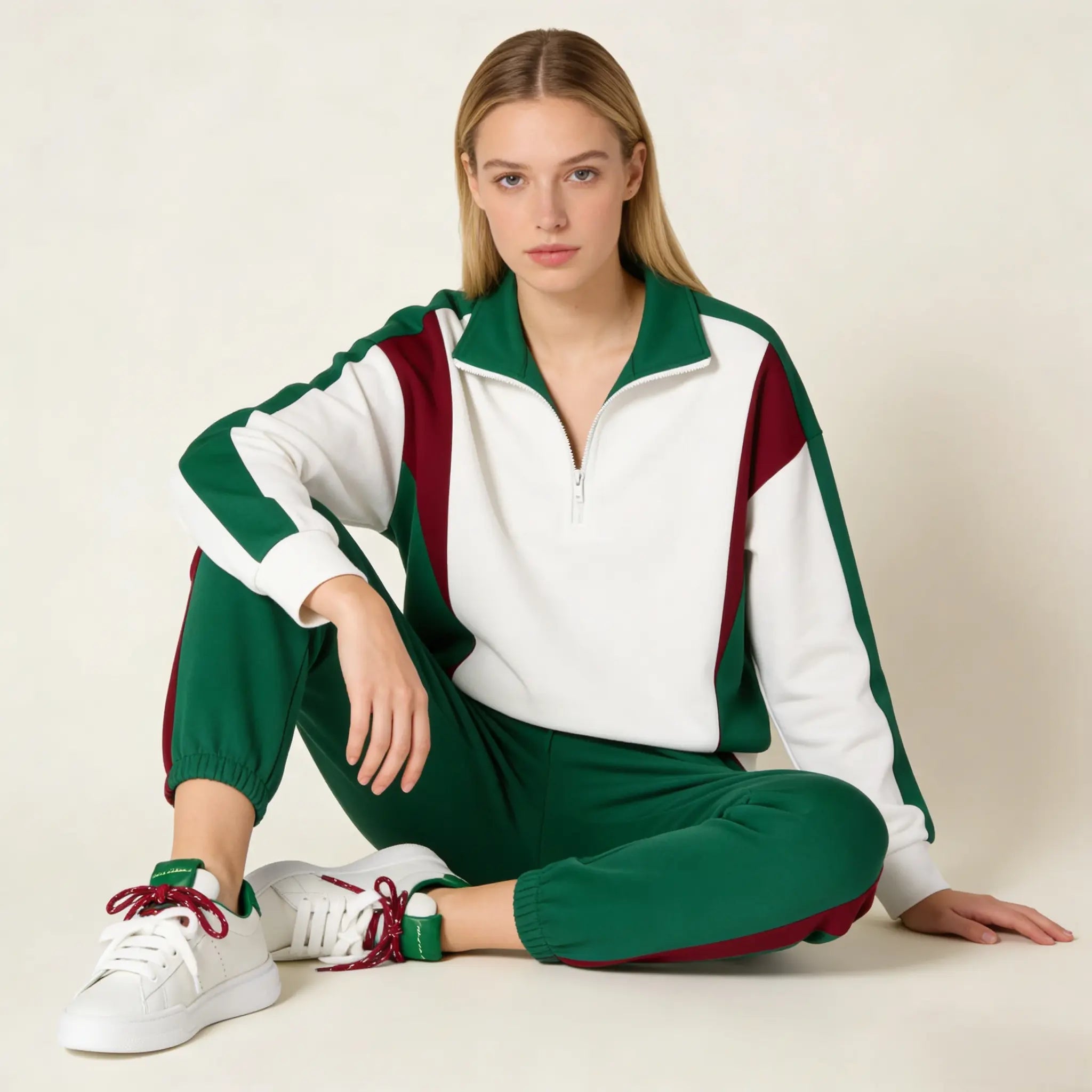 Women's White and Green Leather Sneakers Gilded Cadence