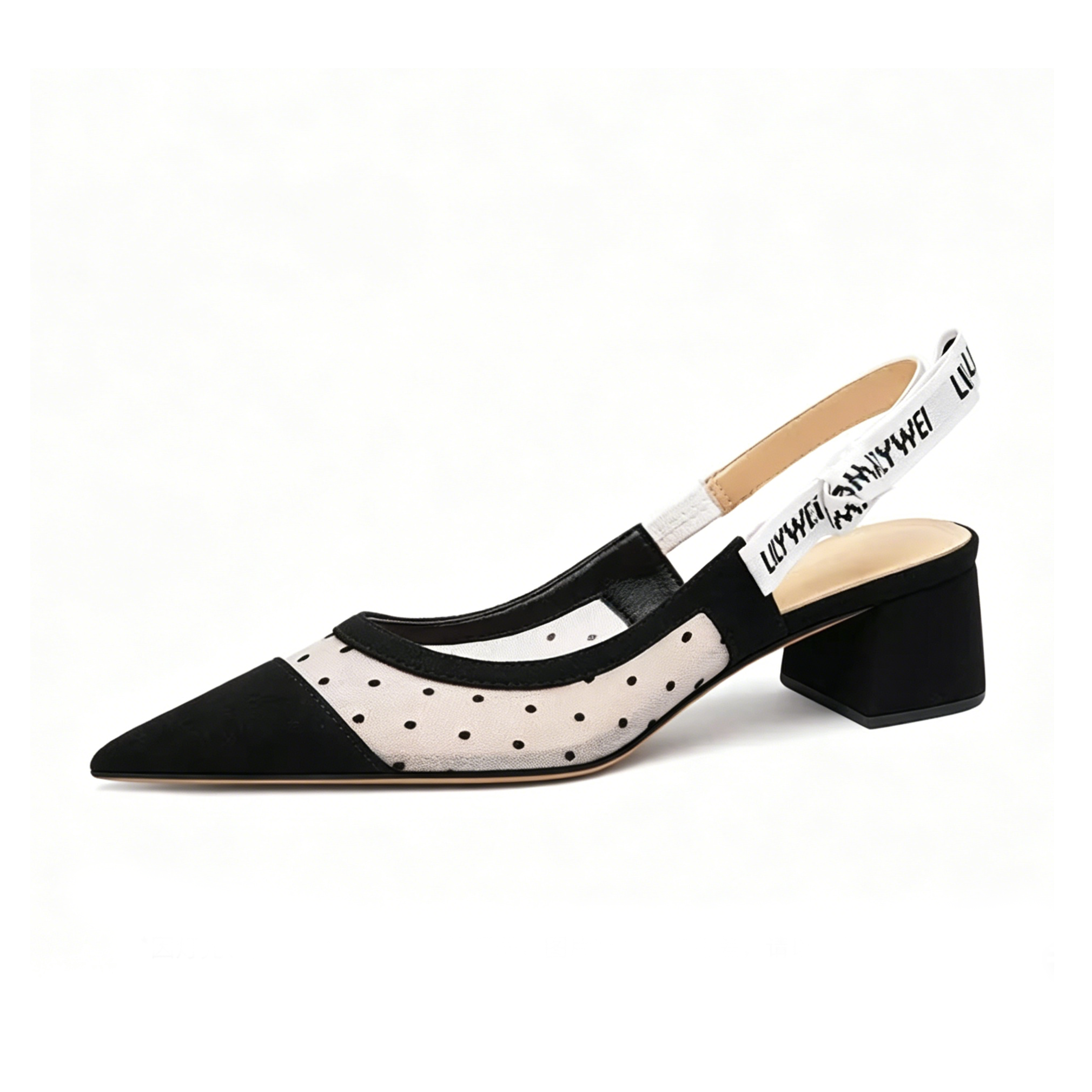 Polka Dot Mesh Block Heel Slingbacks