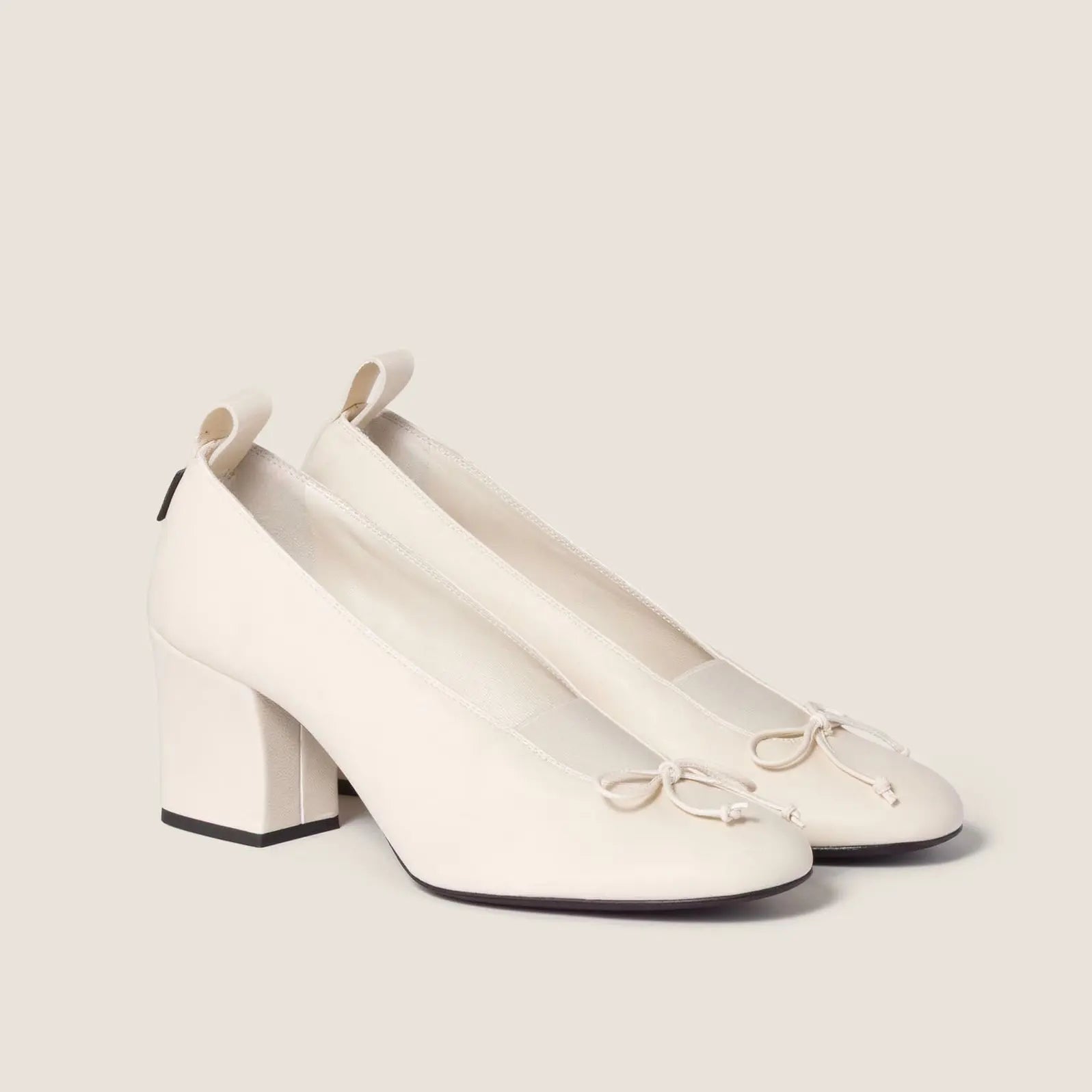 Cream Nappa Leather Bow Block Pumps Gilded Cadence