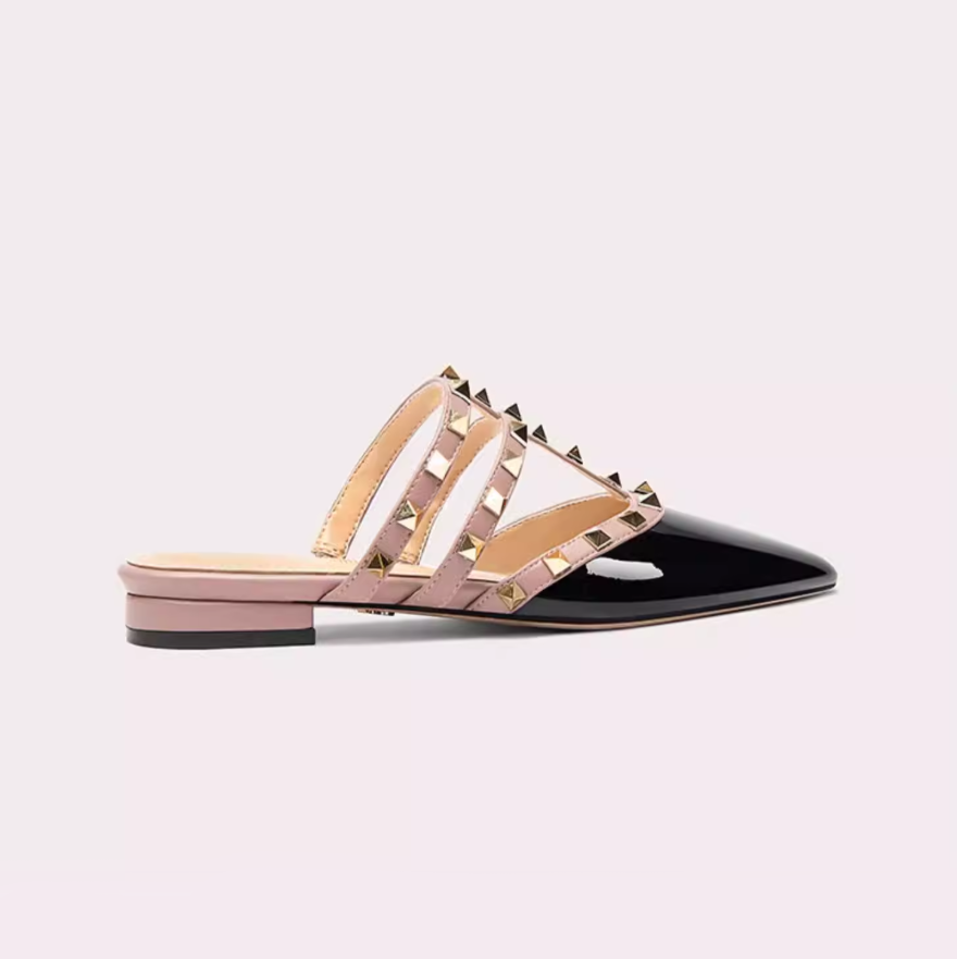 Studded Pointed Toe Flat Strappy Mules