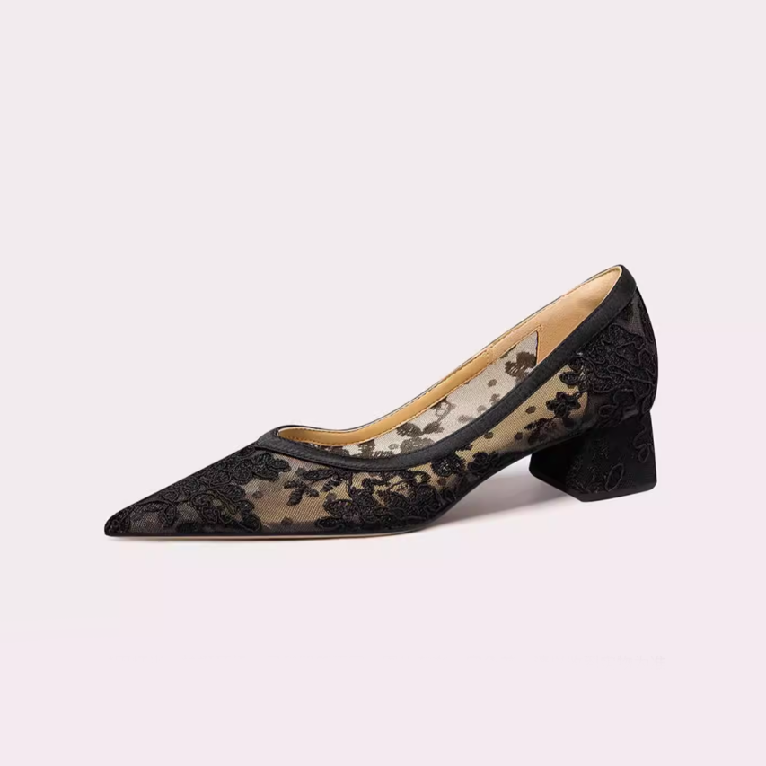 Floral Embroidered Lace Mesh Block Heels