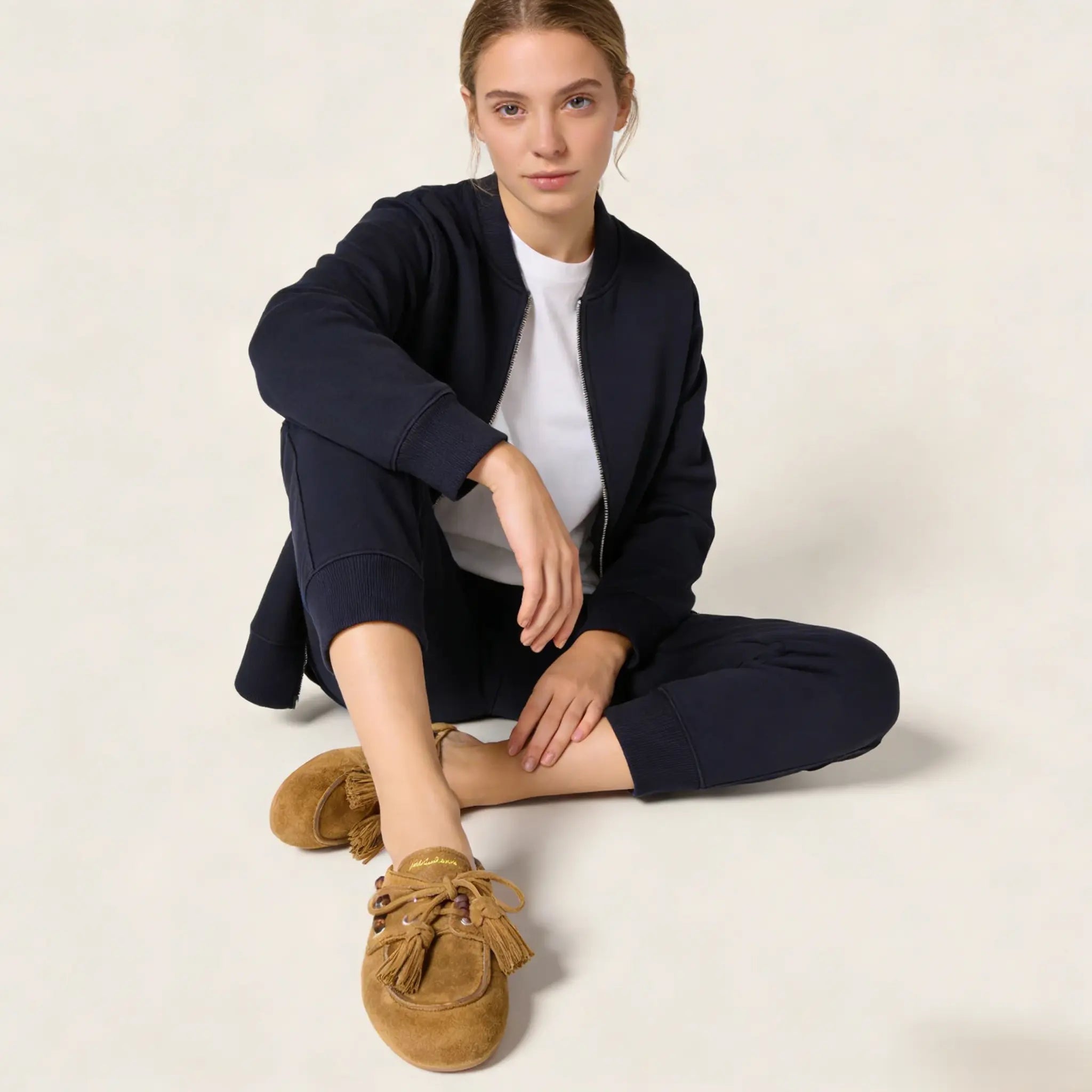 Women's Beige Suede Shearling Mules Gilded Cadence