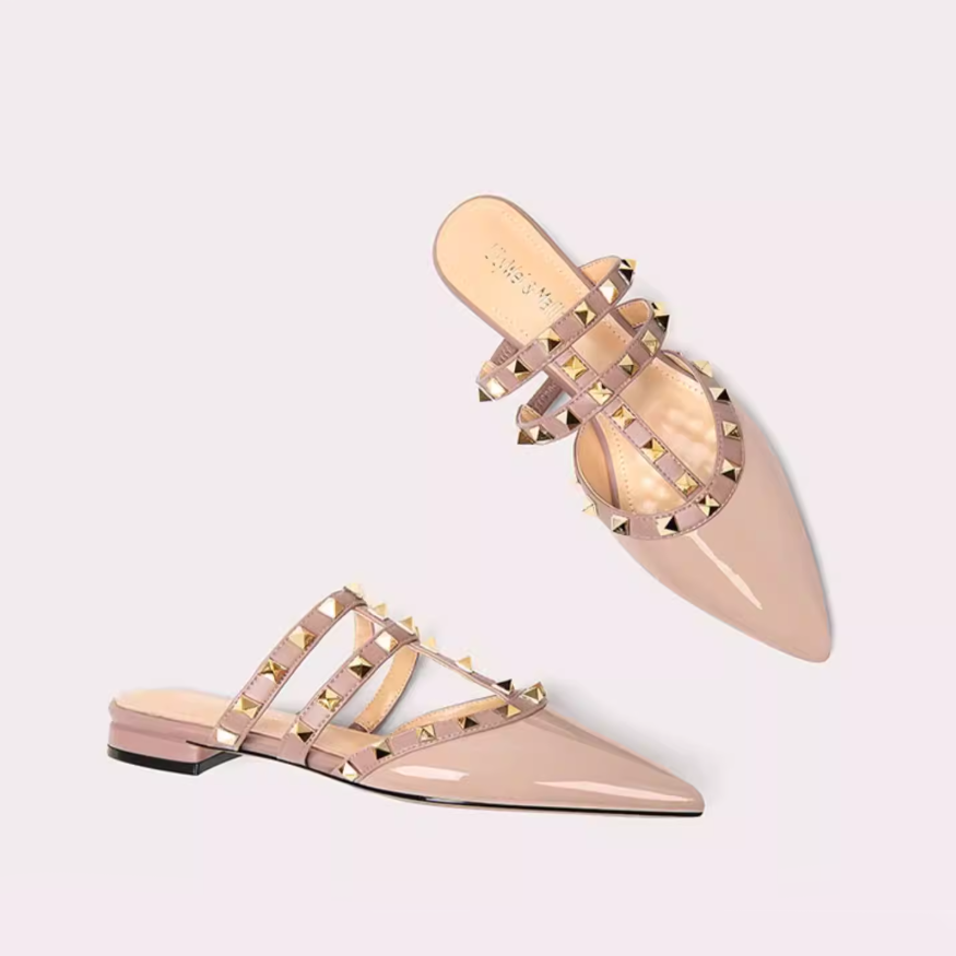 Studded Pointed Toe Flat Strappy Mules