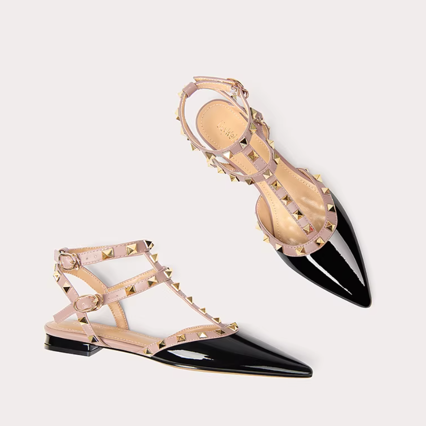 Studded T-Strap Pointed Toe Flats