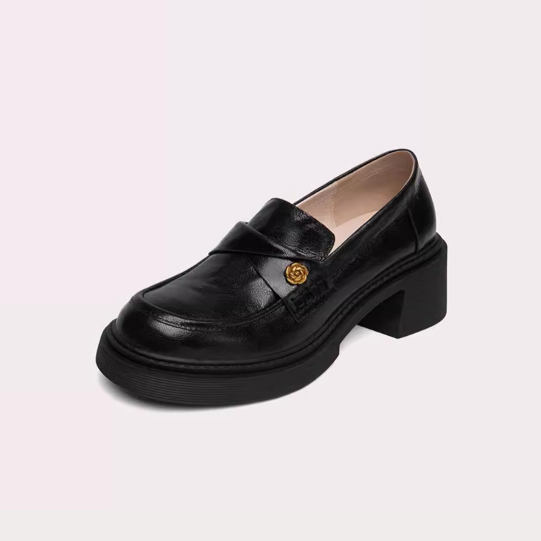 Gold Rose Detail Round Toe Black Loafers
