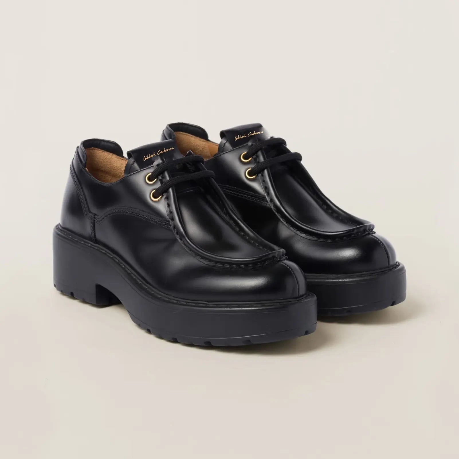 Women's Black Leather Lace-Up Flats Gilded Cadence