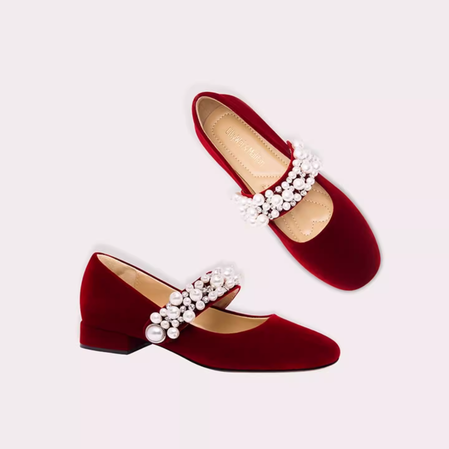 Velvet Pearl Strap Mary Jane Flats