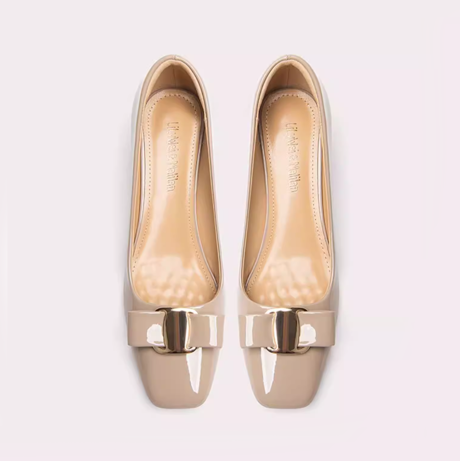 Khaki Bow Detail Square Toe Block Heels