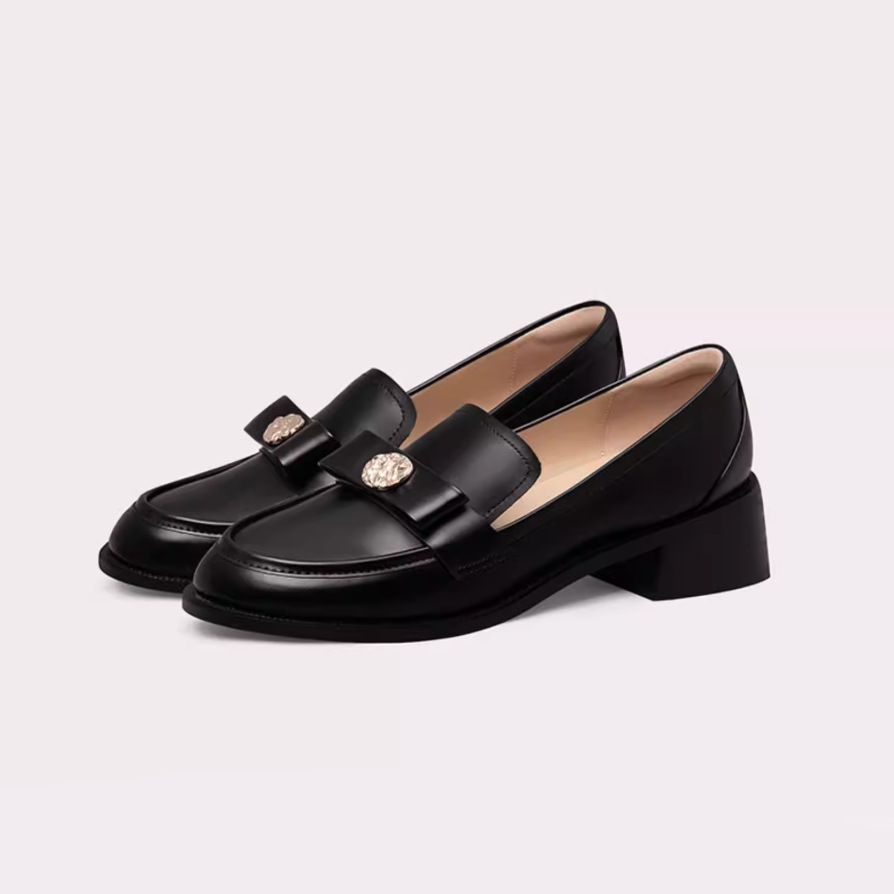 Gold Medallion Bow Round Toe Loafers