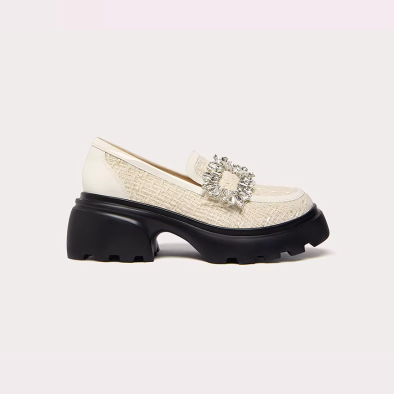 Crystal Buckle Tweed Platform Loafers