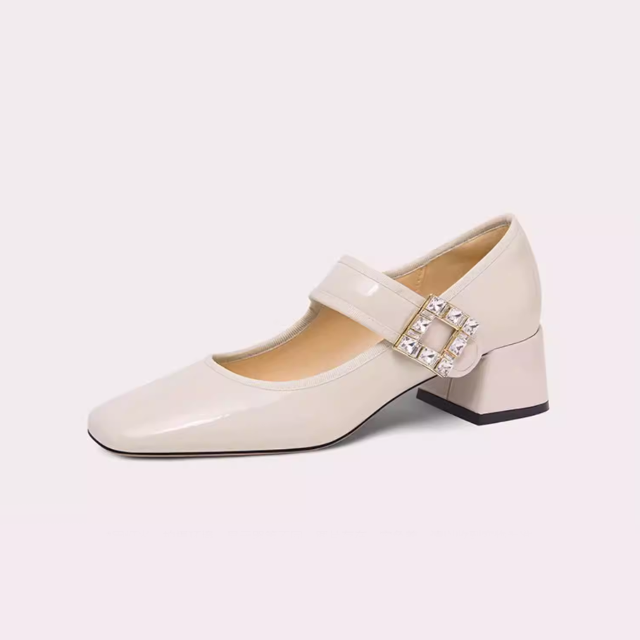 Crystal Buckle Ivory Mary Jane Pumps