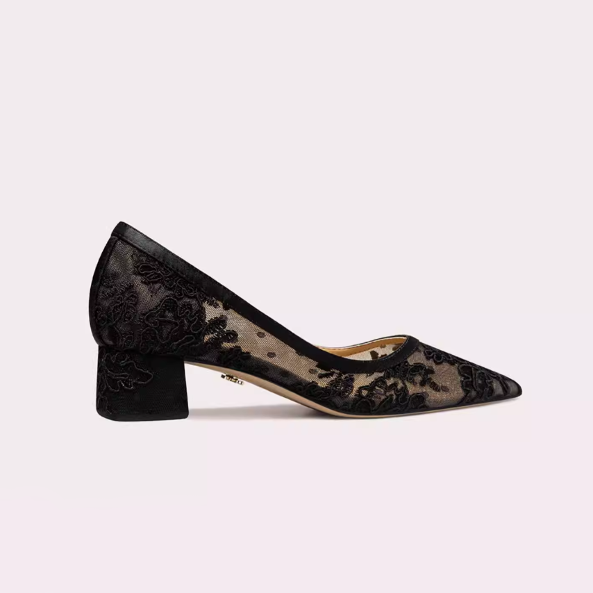 Floral Embroidered Lace Mesh Block Heels