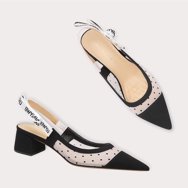 Polka Dot Mesh Block Heel Slingbacks