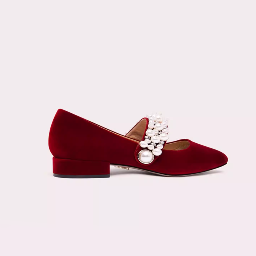 Velvet Pearl Strap Mary Jane Flats