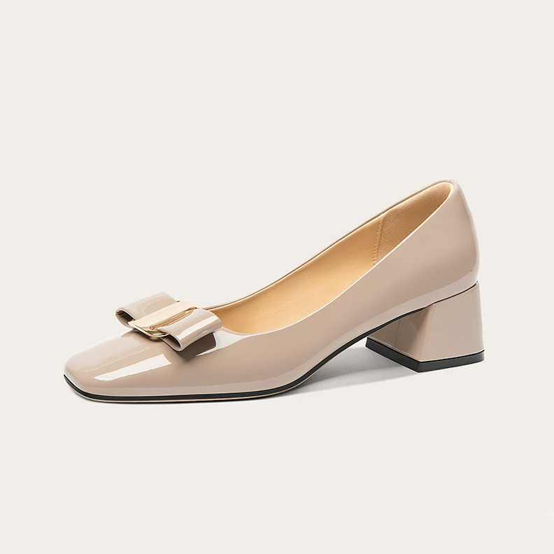 Khaki Bow Detail Square Toe Block Heels
