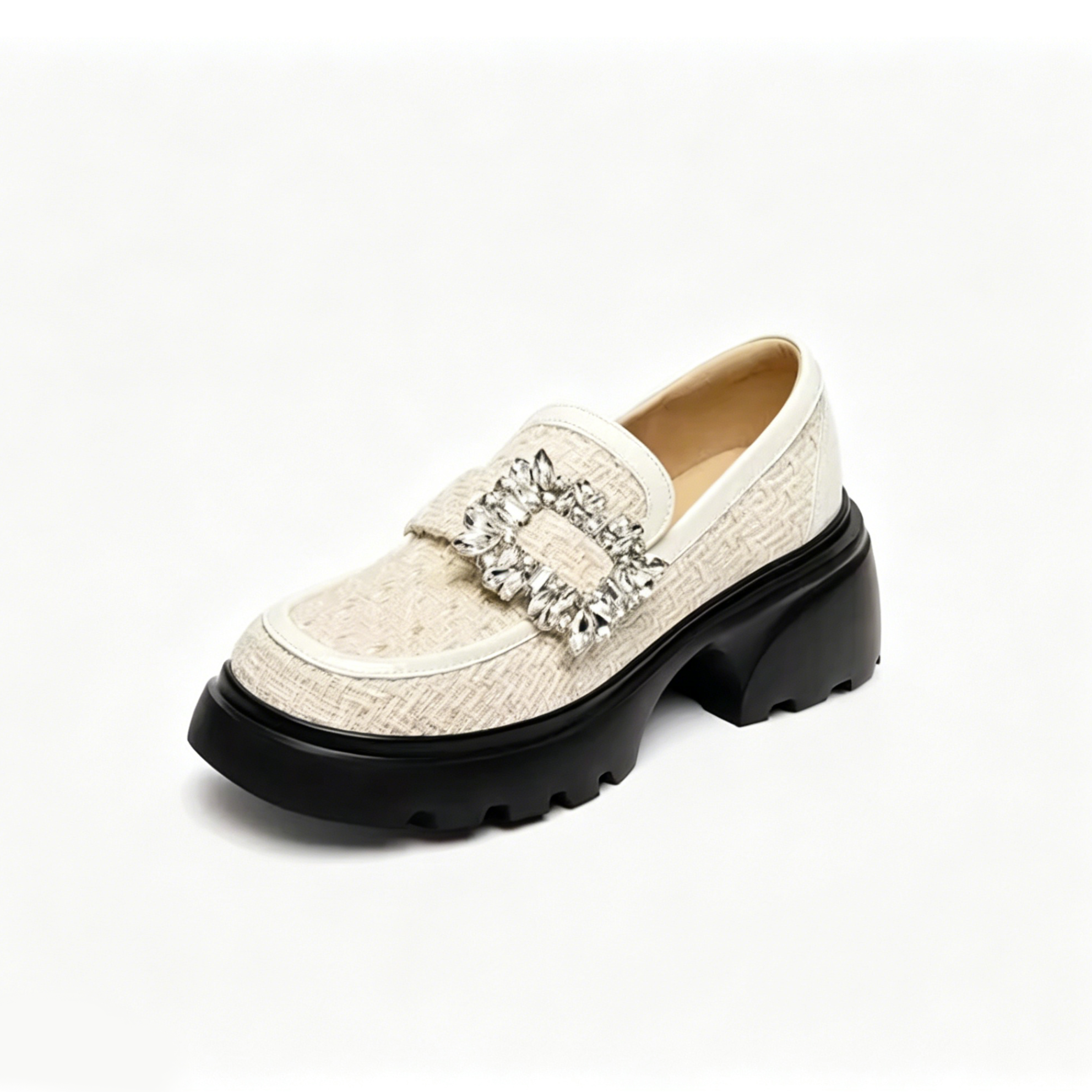 Crystal Buckle Tweed Platform Loafers