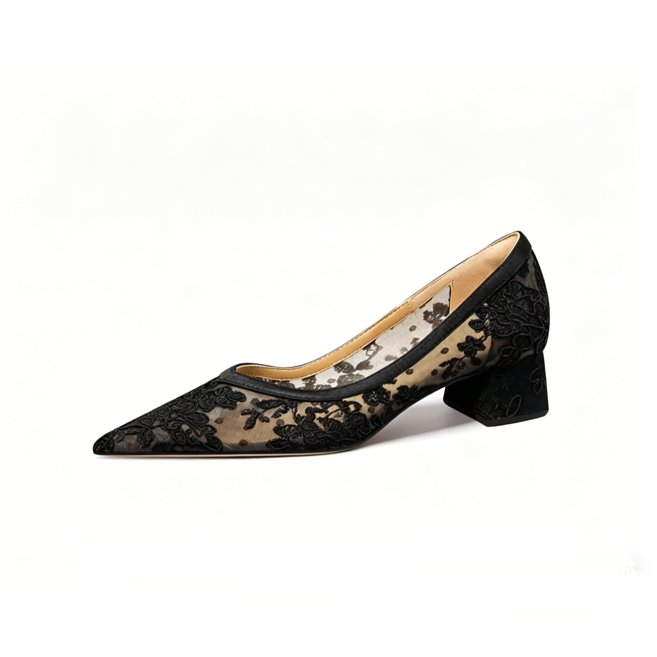 Floral Embroidered Lace Mesh Block Heels