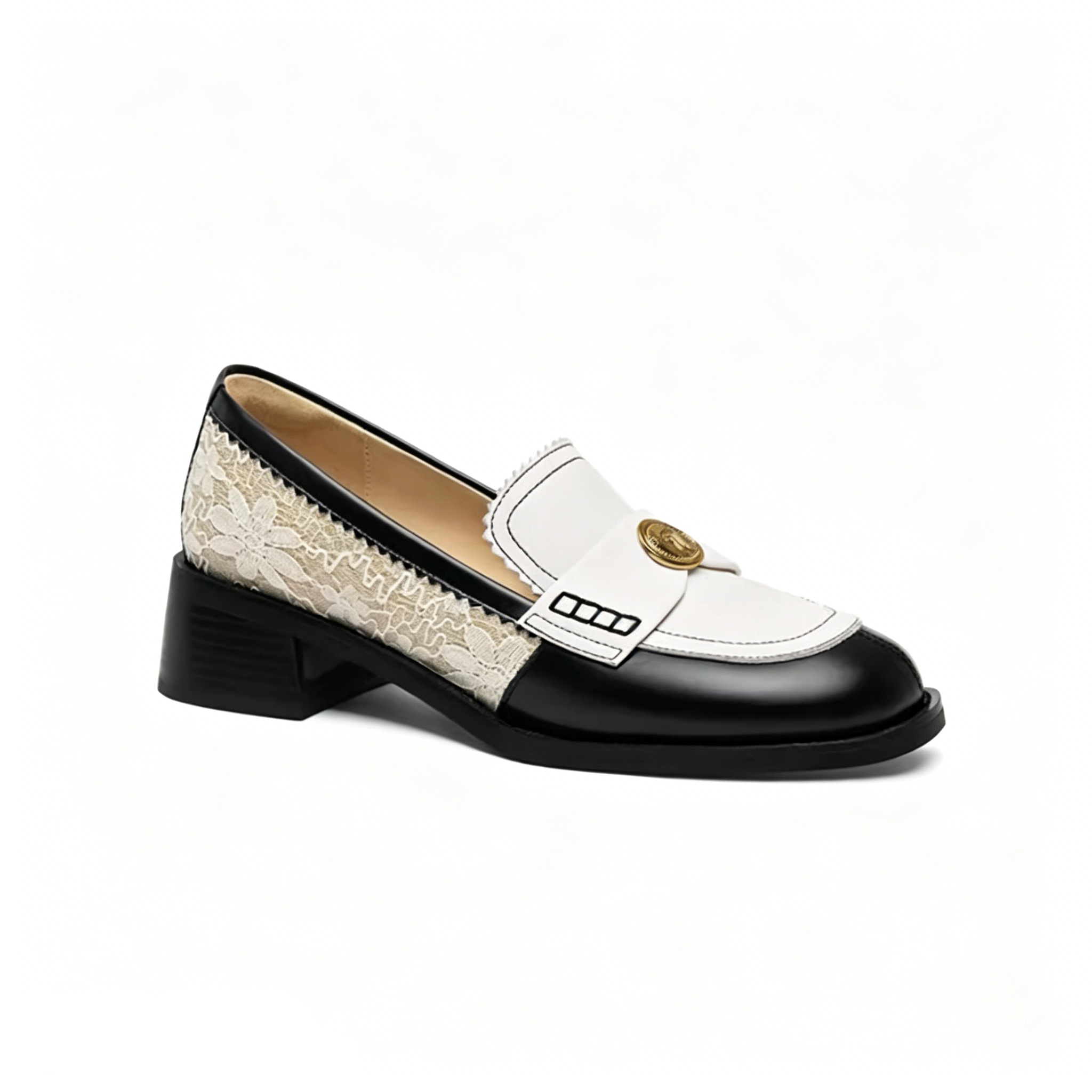 Lace Patchwork Gold Medallion Loafers