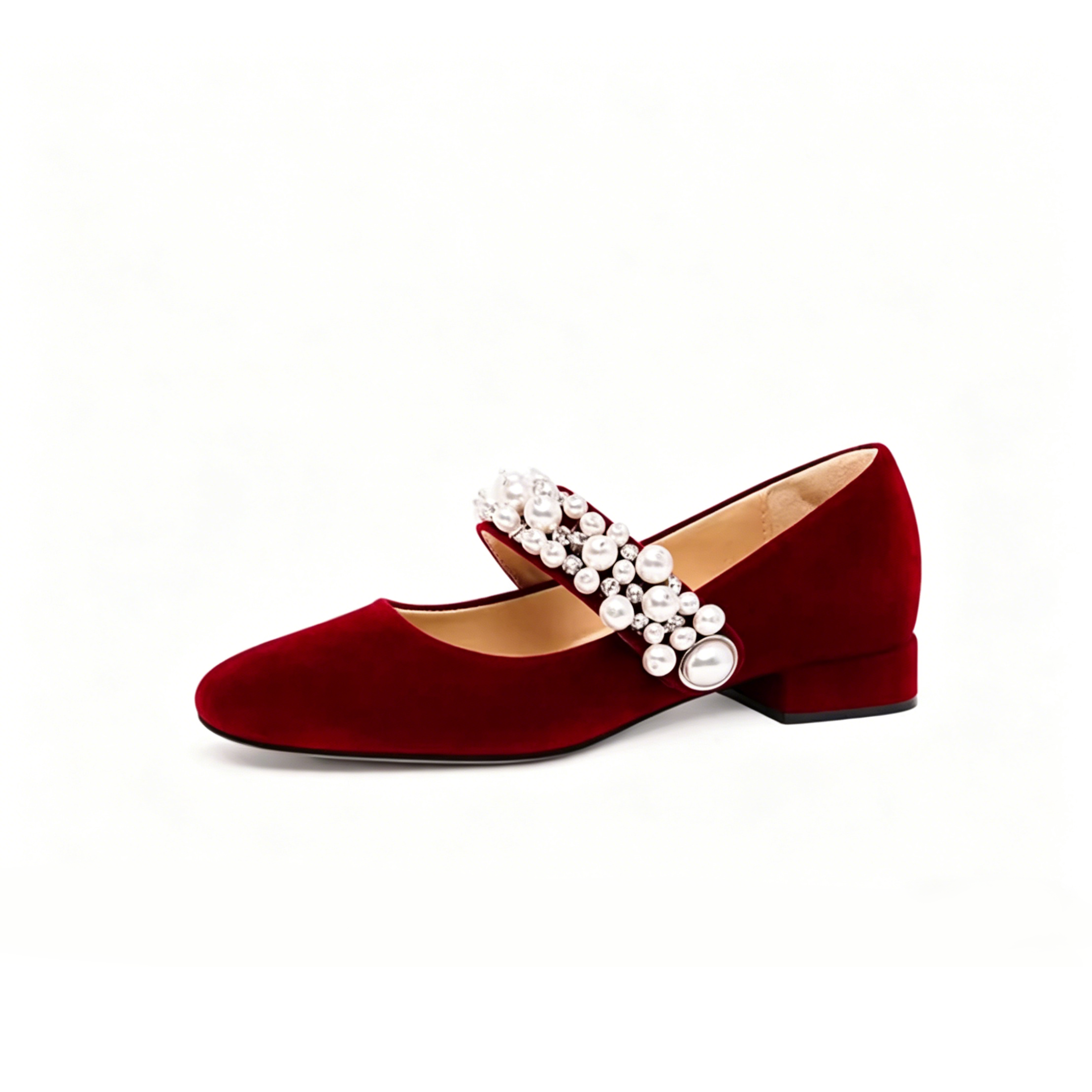 Velvet Pearl Strap Mary Jane Flats
