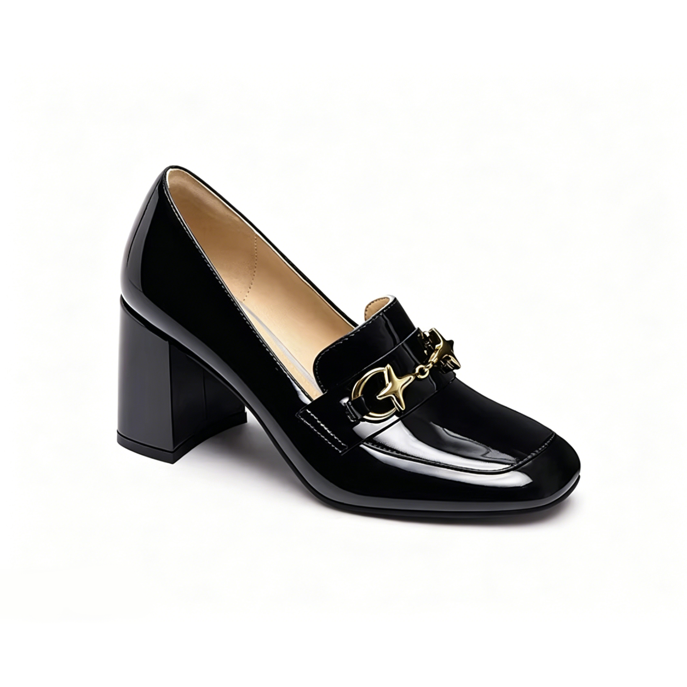 Black Patent Horsebit Loafer Heels