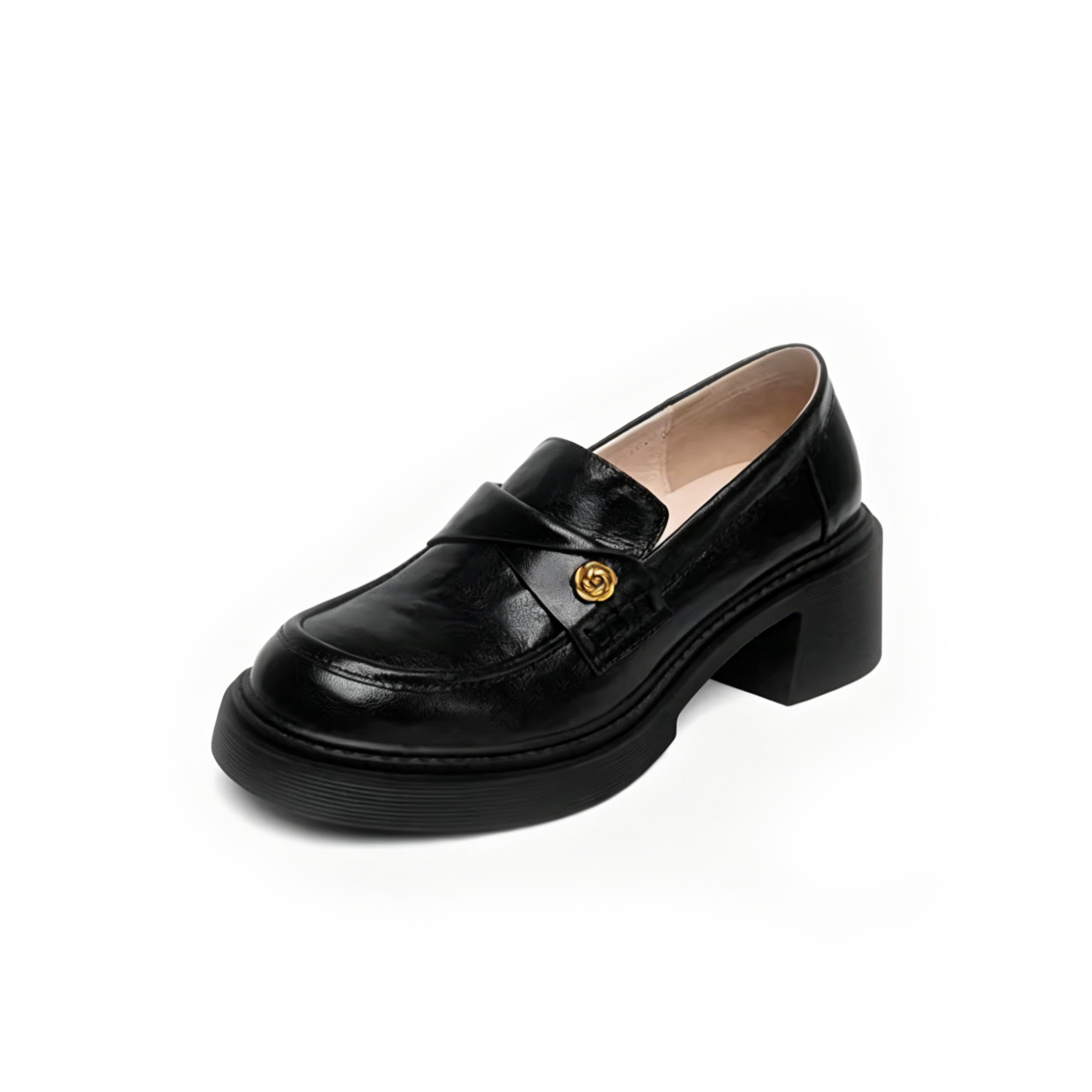 Gold Rose Detail Round Toe Black Loafers