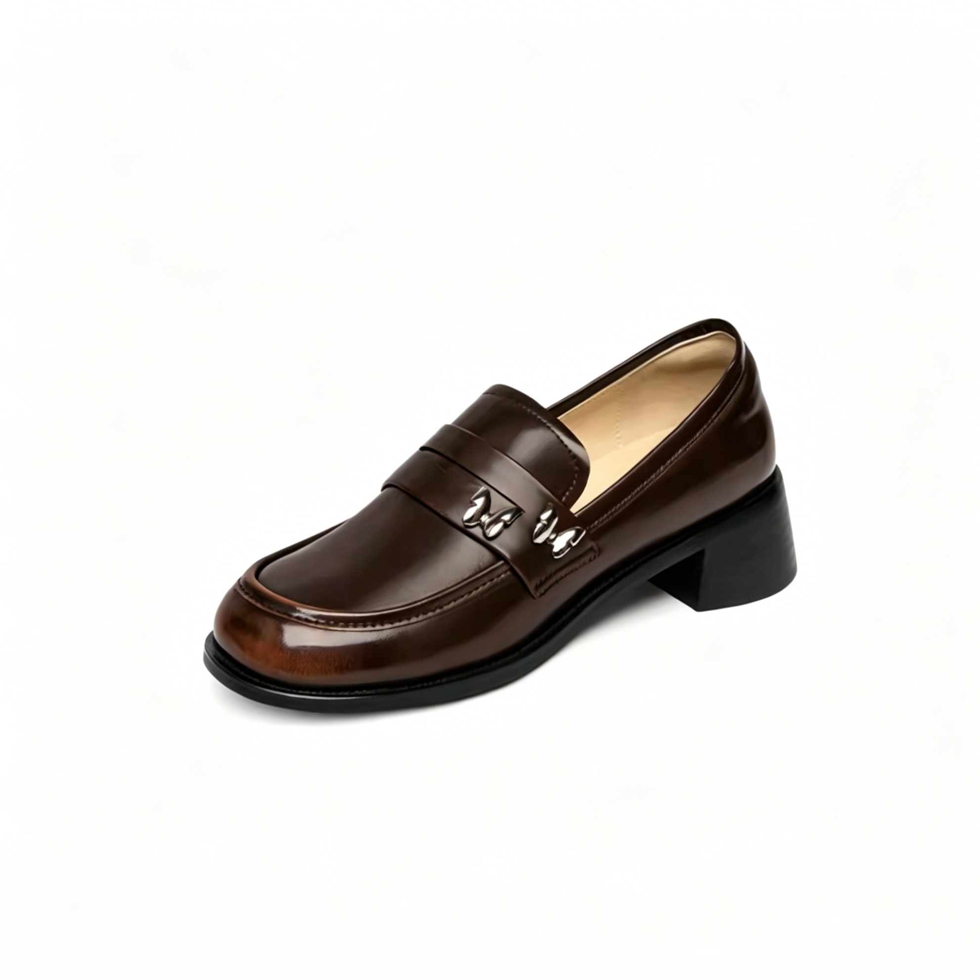 Butterfly Detail Round Toe Brown Loafers