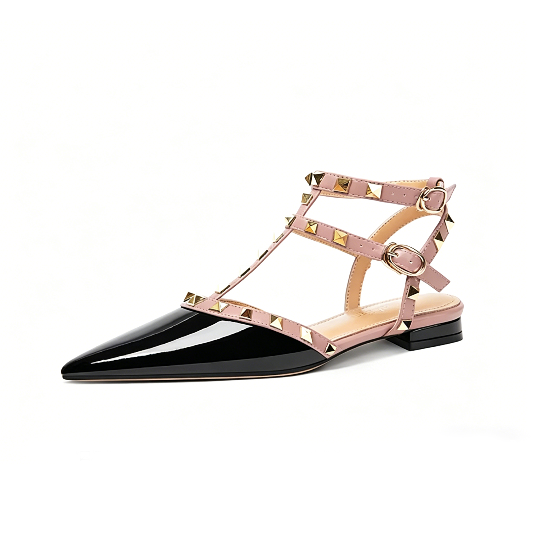 Studded T-Strap Pointed Toe Flats