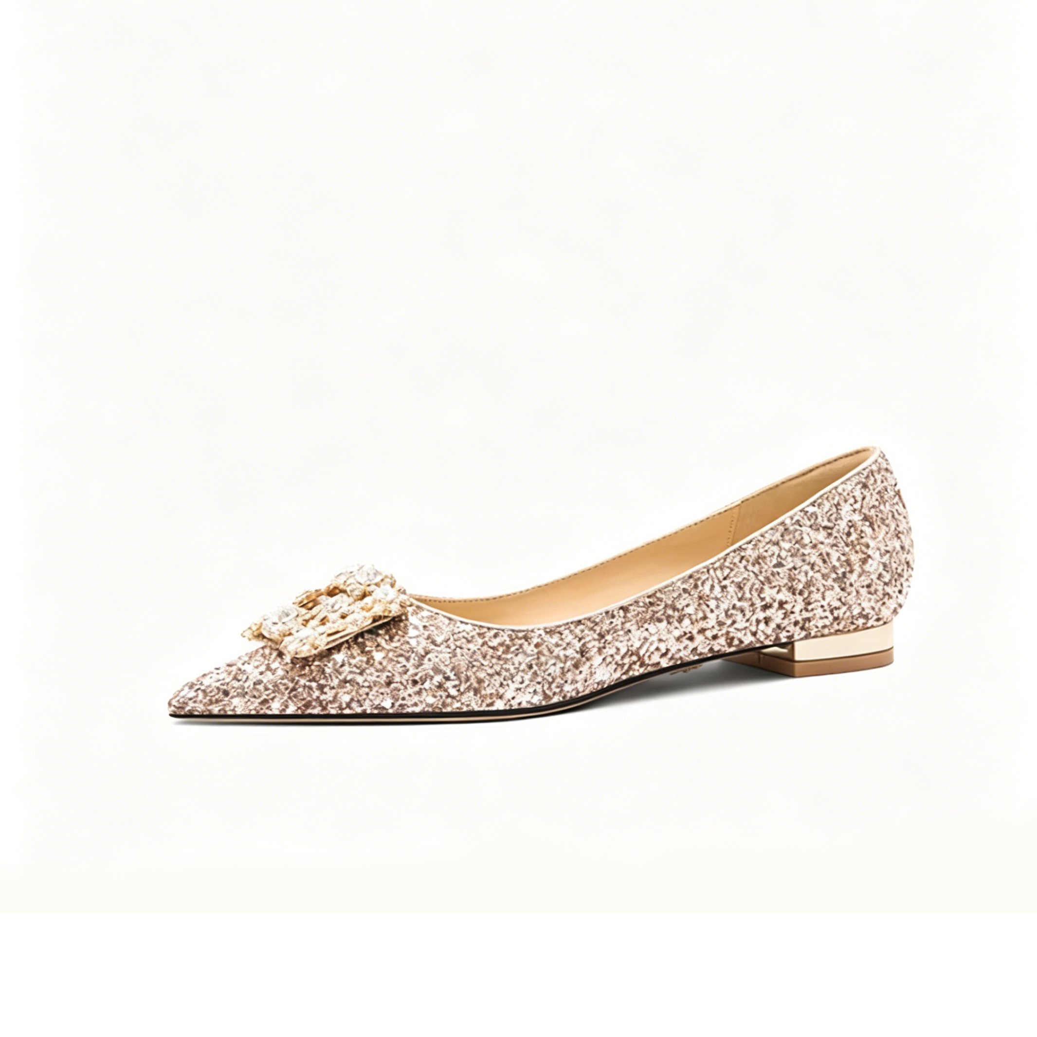 Rhinestone Buckle Gold Glitter Flats