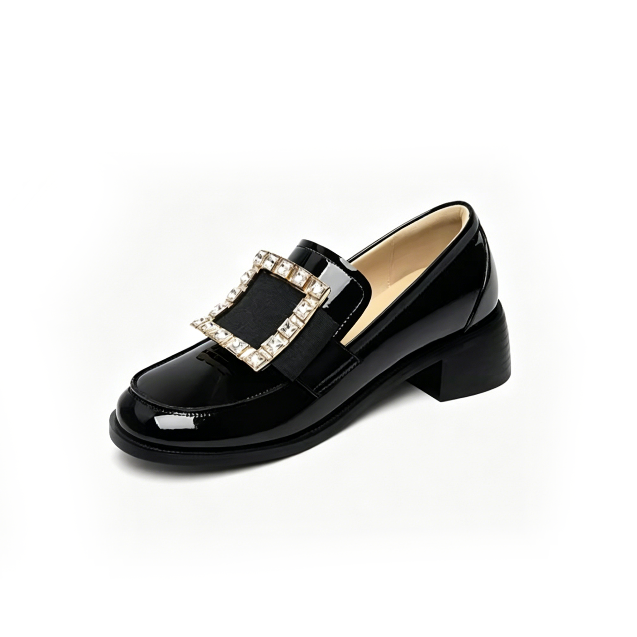 Crystal Buckle Glossy Loafer Block Heels