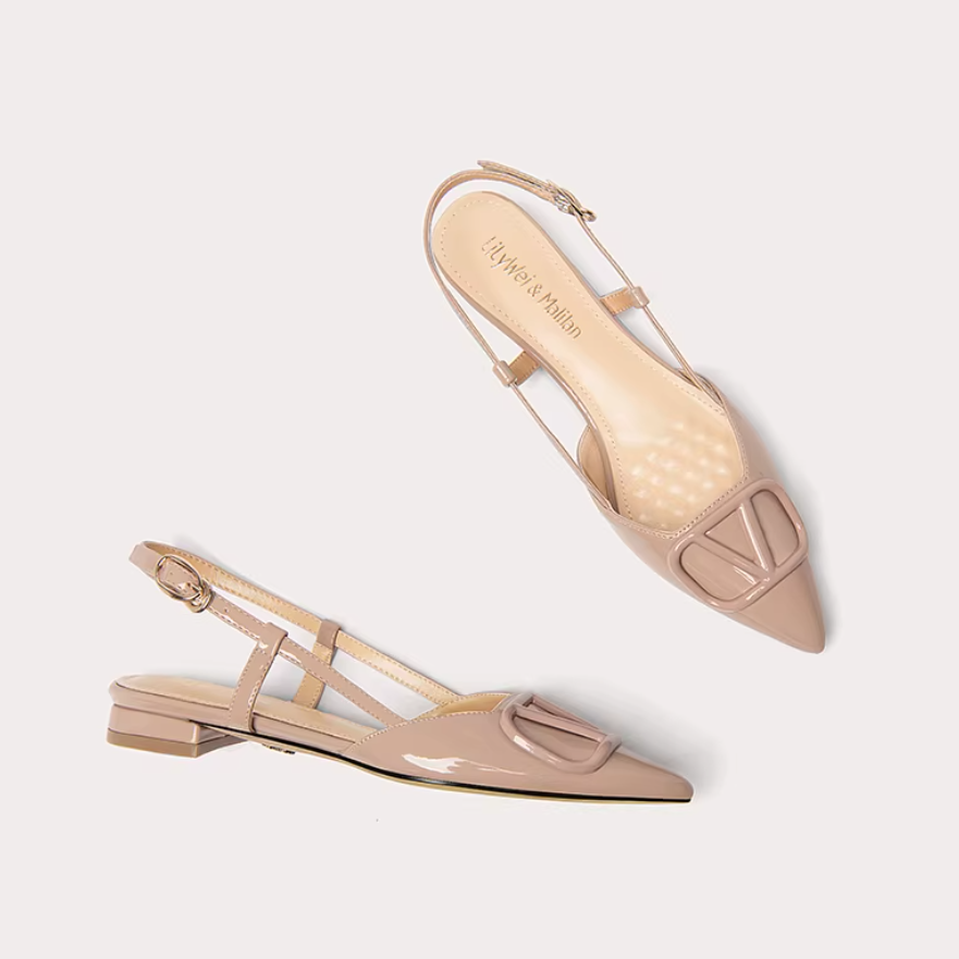 Nude V-Buckle Slingback Pointed Flats