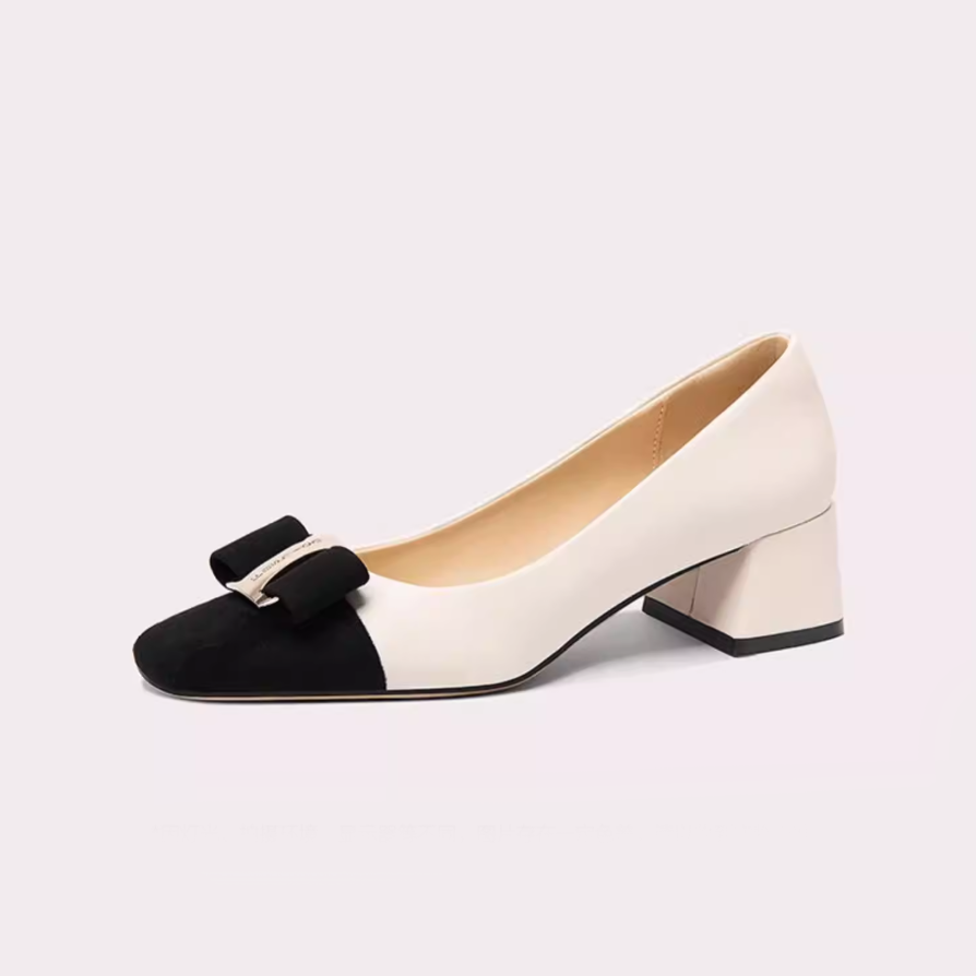 Contrast Cap Toe Bow Square Toe Pumps
